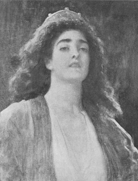 Painting. Black and white photograph of a painting of a woman shown from the chest up. Angled to our right, she lifts her chin so she looks off to our right with hooded eyes. A crown or headdress is nestled in her cloud of dark hair.