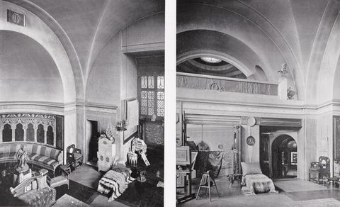 Drawing. A built-in bench seat is to the left of an opening surrounded with ornate carved moulding. Several steps lead up to the opening, through which can be seen a room with a canopied bed. The scene is painted in grey washes.