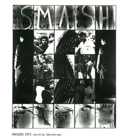 Mixed media. Twenty-five black and white photographs, each in a thin black frame, in a grid of five by five shows single or pairs of people at the centre. Down each side, portraits of the artists turn away from us and are nearly swallowed in shadow. Letters across the top panels read “Smash”. The bottom row shows what might be peeling paint.