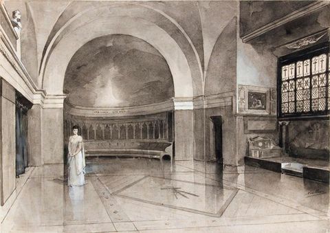 Black and white photograph. A room has panelled walls, a wooden ceiling and floor, a chandelier, and a high, ornate mantel over a fireplace. Furniture is set around the perimeter of the room.