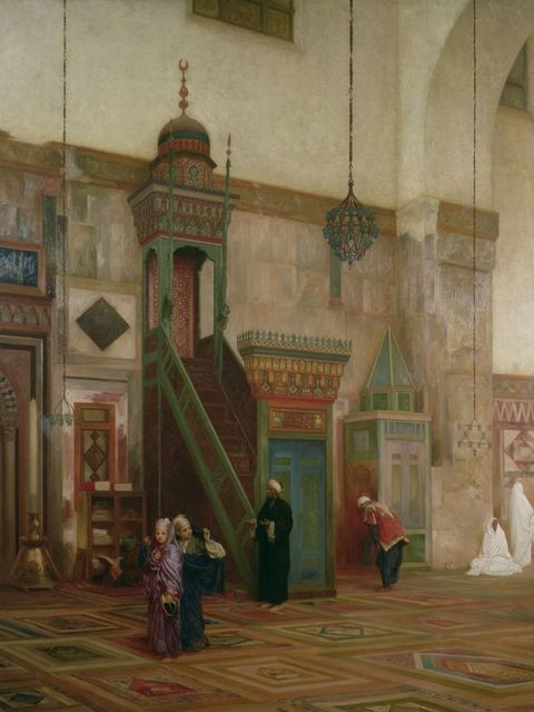 Painting. Two children, two men, and two people wrapped entirely in white are around or near a minbar, a pulpit reached by a staircase.