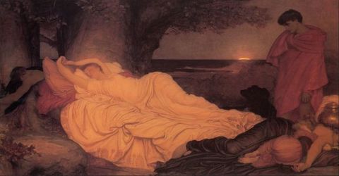 Painting. A pale-skinned, sleeping woman is bathed in peach-coloured light from a sliver of the sun on the distant horizon. She lies with her shoulders flat, her arms overhead, and her hips turned onto one side so light drapery pours down every curve and onto her bed. A dark-haired man wearing a red cloak looks at her with his chin tucked to our right.