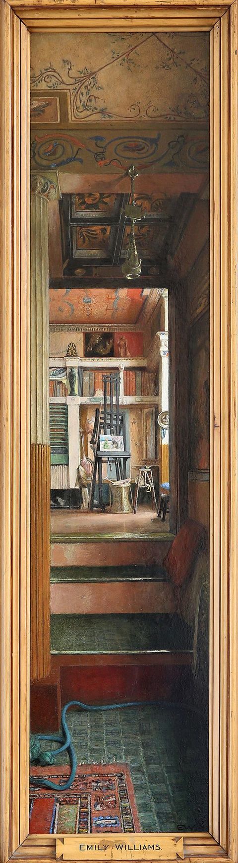 Painting. Shown from the knees up, a young woman holds a vase of white flowers. She has a short, wispy fringe, and her dark hair is pulled back. She looks at us with dark eyes under shallowly arched brows, and her narrow mouth is open. She wears a blue-grey dress with a wide, grey-pink satin sash.