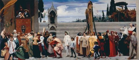 Painting. About fifty men, women, and children walk in a procession moving to our left down a stone street. Some are clustered around a shoulder-high platform on which a painting of the Virgin Mary and Child is carried. All the people have pale or tanned skin, and most wear tunics with stockings or long gowns. A man wearing a red robe with an ermine cape rides a white horse to our right.