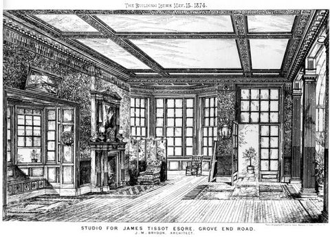 Illustration. An expansive room has a wall of windows opposite us and a deep bay of windows to our left next to a fireplace with an ornate mantle. Panelling or textured wall coverings fill nearly every other surface under a panelled, tray ceiling.