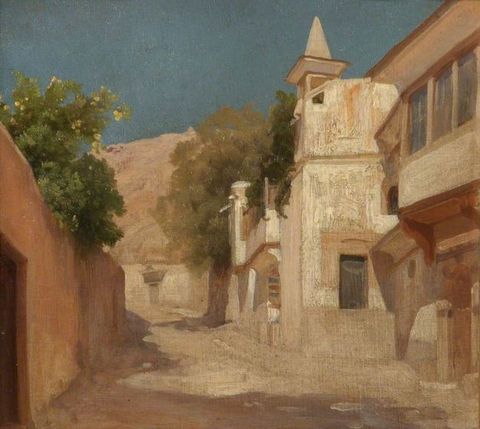 Painting. Cream-white and tan buildings line a sandy street in this nearly square composition. A few bushy canopies pop over enclosing walls. The sky above is slate blue.