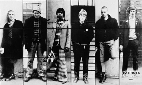 Mixed media. Six individuals, mostly men, are portrayed in three black and white photographs each. The portraits are then placed side by side to create a mural-like image. At least one person has darker skin, and the others appear pale skinned. Their clothing ranges from blazers and slacks to plaid bell bottoms to short pants over high boots.