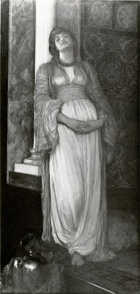 Painting. Black and white reproduction of a painting showing a woman leaning against a column in a tiled space. Her head leans back as her hands clasp below her belly. She wears long, pleated drapery.