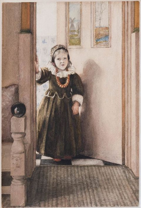 Watercolour. A panelled room is filled with light from two large windows. The walls are covered with paintings and decoration. There is a sofa or bed covered with a large pelt under one of the windows, with shelves of books alongisde it.