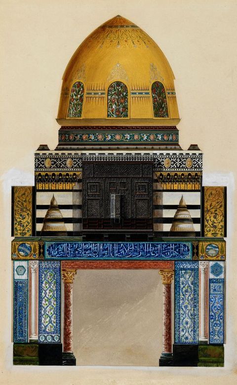 Watercolour. From the ground up, an elevation drawing shows columns against tiled walls below a storey striped with black and white. A collar-like level and the drum of a gold pointed dome are also patterned. Arched stained glass windows line the dome.