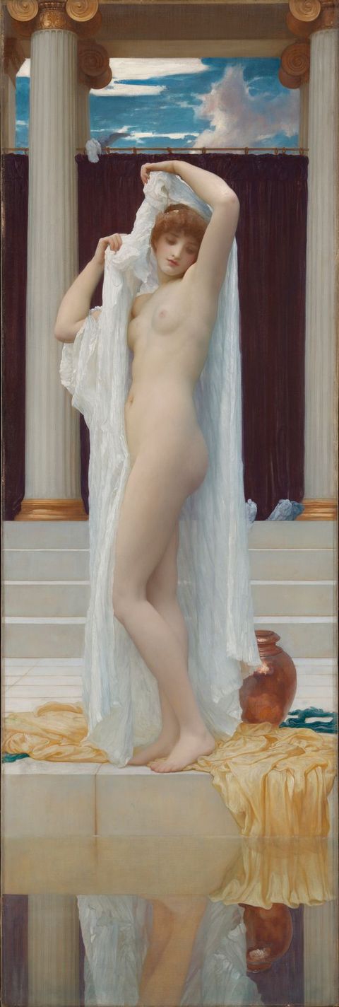 Painting. A pale-skinned, nude woman stands by a pool of water, her arms lifted over her head as she removes a white garment. Yellow drapery around her feet dips into the reflective pool below. Beyond her, four white steps lead up to a deep purple drapery hung between white, fluted columns.