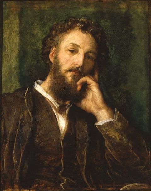 Painting. The head and chest of a pale-skinned, bearded man with brown curly hair nearly fills this portrait. He leans back with his chin resting in one hand so he looks at us with hooded eyes. The background is felt green.