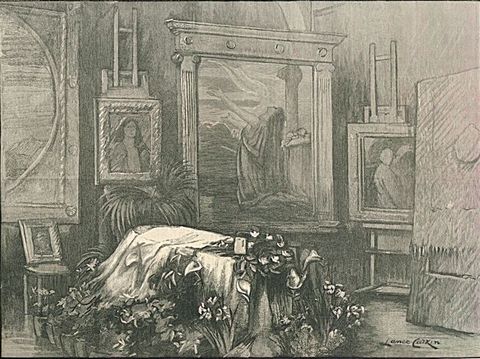 Illustration. A coffin surrounded by flowers and draped with a white cloth rests in a room lined with paintings.
