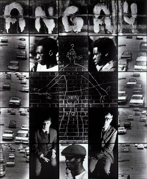 Mixed media. Twenty-five black and white photographs, each in a thin black frame, are arranged in a grid of five by five. The central five are arranged in a cross and together show a chalk outline of a man with an oversized phallus drawn on a brick wall. Letters in the top row of images spell “angry”. Other images are of traffic or men with either dark skin or pale skin.