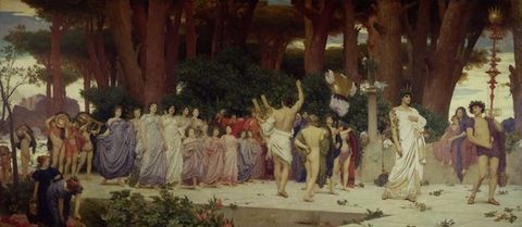 Painting. About forty men, women, and children sway gracefully in a procession that moves to our right. All have pale skin and delicate features. Some of the women and children sing and others look on.