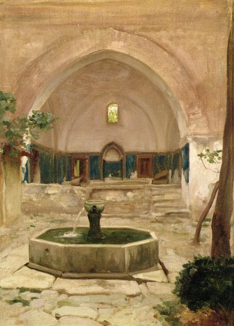 Painting. An octagonal fountain is set into a cream-white stone courtyard. Trees and plants grow in the corners near us. Through a pointed arch on the far side, several stairs lead up to a platform in an alcove, which is lined with niches.
