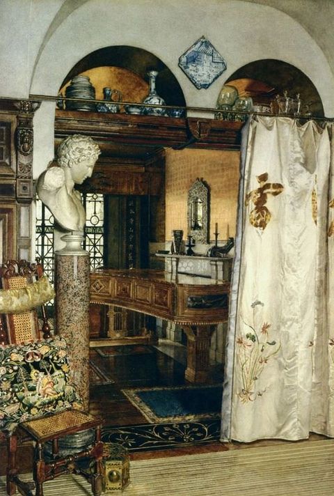 Watercolour. This vertical painting shows an ivory-coloured silk curtain pulled back to reveal a room with gold walls containing a piano. A sculpted bust of a man is on a speckled column to our left. Arched pass-through openings above the curtain are filled with glass and ceramics.