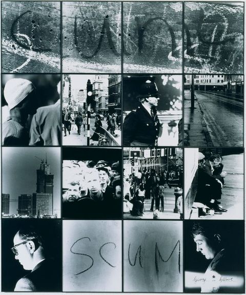 Mixed media. Sixteen black and white photographs, each in a thin black frame, in a grid of four by four show city scenes, buildings, groups of people, or individuals. The four panels across the top each have a single letter, which together spell “cunt”. The two middle images in the bottom row spell “scum”.