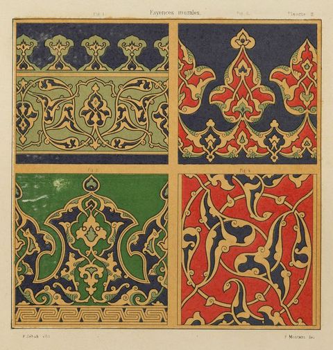 Illustration. Four vegetal and scrolling tile patterns are printed in midnight blue, mint and grass green, red, and black in a grid of two by two.