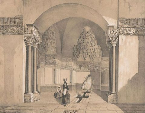 Illustration. Two women are under an arch that opens onto shadowy space with honeycomb vaults. A band of tiles on the front face of the sculpture over the columns are painted with Arabic script.