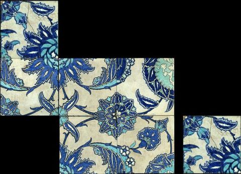 Tiles. Seven tiles in electric and lapis blue against white show how a repeating design can be made of the pattern.